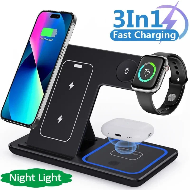 3 in 1 LED Fast Wireless Charger Stand Faltbare Ladestation für Smartphone